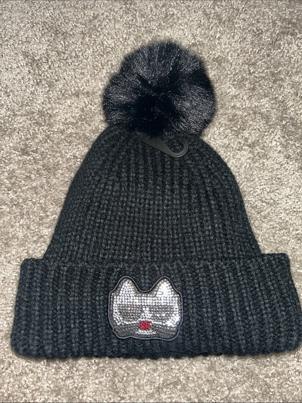 Black Karl Lagerfeld Knit Pom Pom Beanie with Sequin Cat Patch